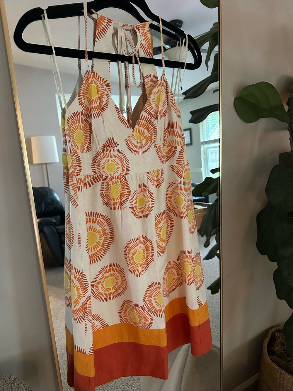 Trina Turk White Mini Dress with Orange and Yellow Medallions